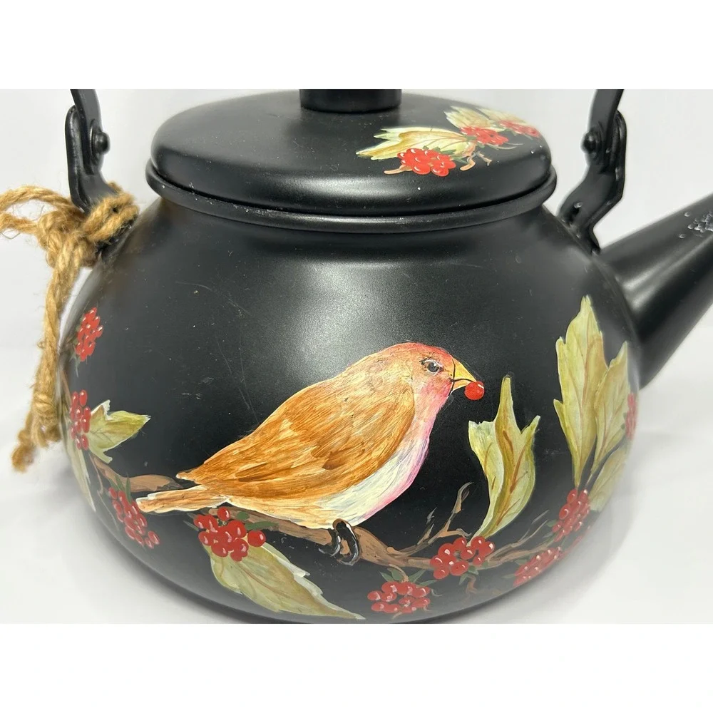 Hand Painted Matte‎ Black Tea Kettle Bird and Red Berries Decorative Farmhouse
